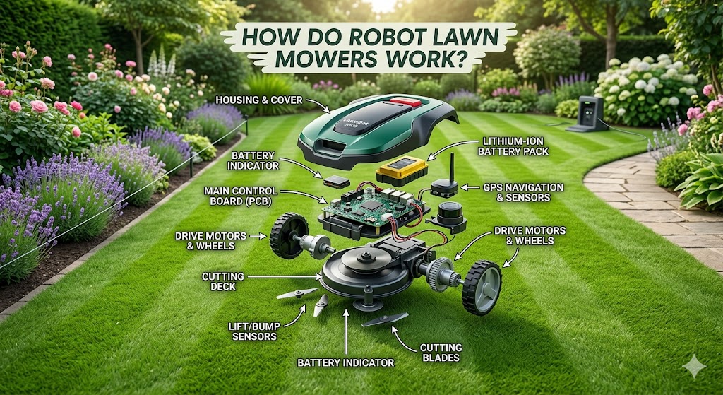 how does a robot lawn mower work