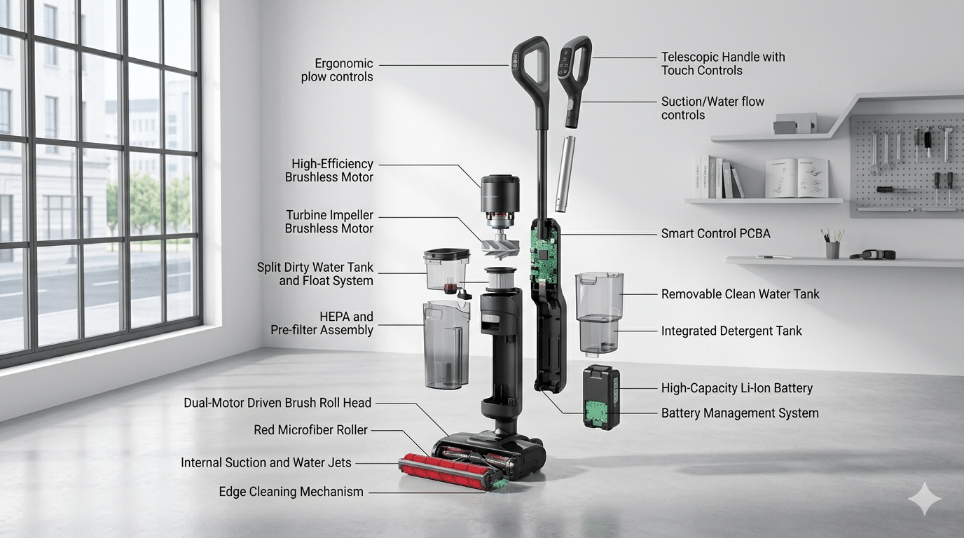 Exploded diagram of a wet dry vacuum showing key components including brushless motor, HEPA filter, split dirty water tank, clean water tank, microfiber roller, and battery system